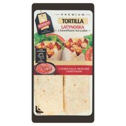 Premium Tortilla latynoska z kawałkami kurczaka z sosem salsa mexicana i warzywami