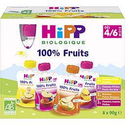 HiPP Hipp biologique 100% Fruits - Assortiment de purée de fruits BIO, dès 4-6 mois les 8 gourdes de 90 g