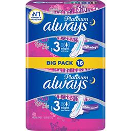 Always Always Serviettes hygiéniques avec ailettes platinum nuit (taille 3) Le paquet de 16 serviettes