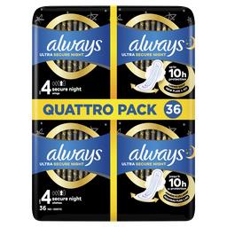 Always Ultra - Serviettes hygiéniques Secure Night taille 4 Ailettes Le lot de 4 paquets de 9 serviettes - 36 serviettes