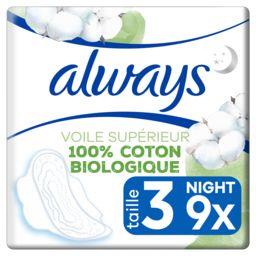 Always Always Serviettes hygiéniques 100% coton BIO protection taille 3 nuit le paquet de 9 serviettes